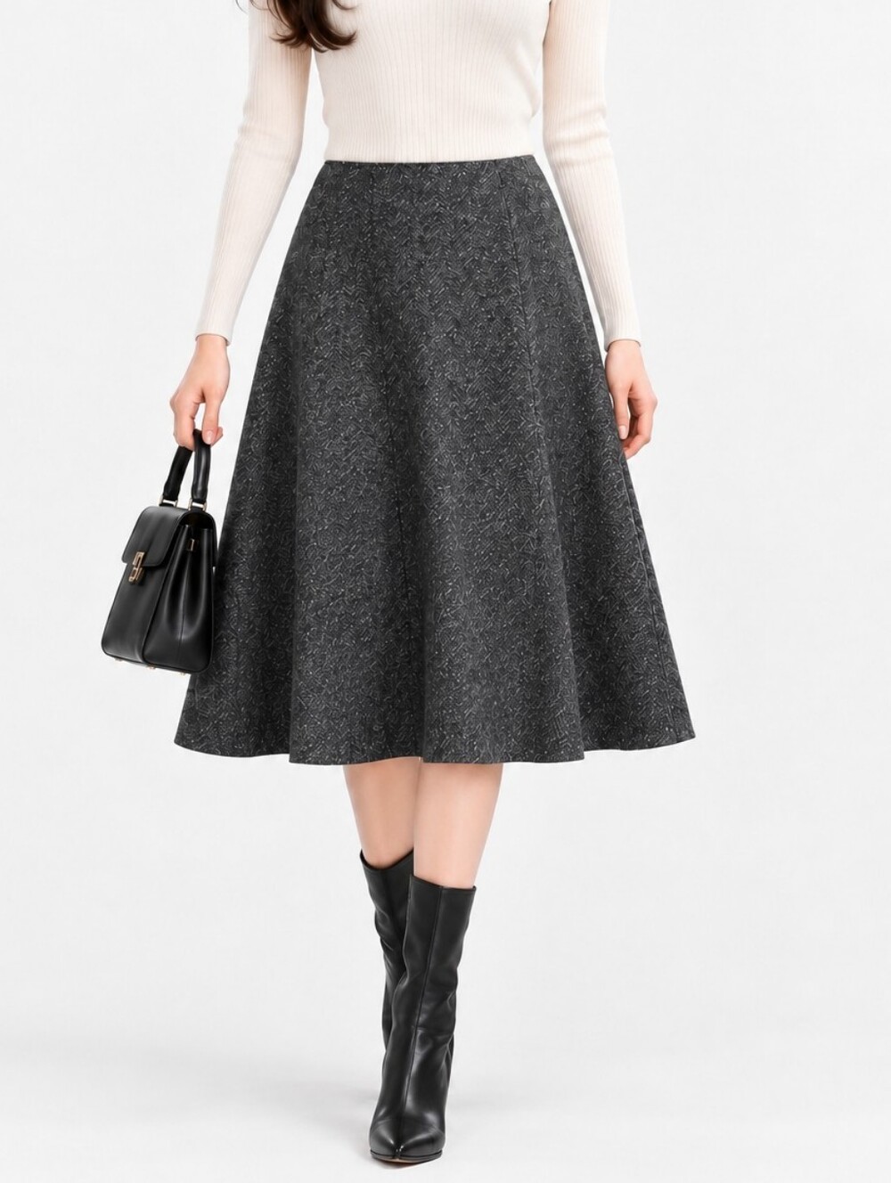 UNIQLO Gray Herringbone Wool Blend A-Line Midi Skirt Size S